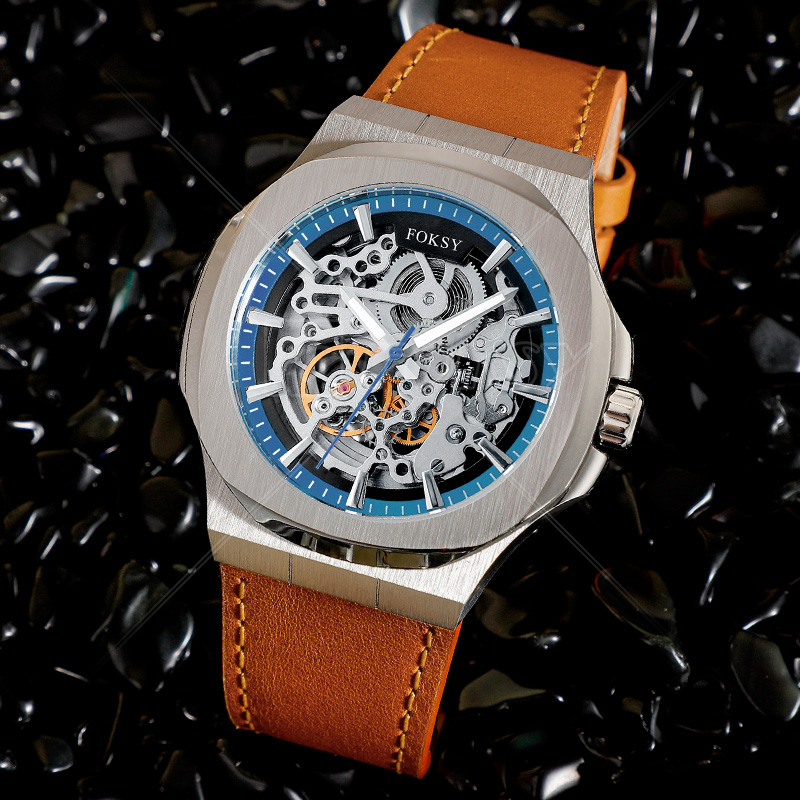 Custom Logo Stainless Steel Luxury Leather Strap Mechanical Automatic Skeleton Men Watch for Men