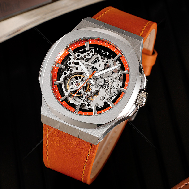 Custom Logo Stainless Steel Luxury Leather Strap Mechanical Automatic Skeleton Men Watch for Men