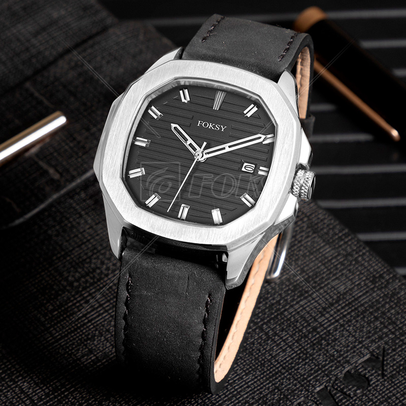 New Fashion Classic Brand Custom Logo Alloy Wrist Leather Strap Rectangular Rectangle Luxury Watch for Men