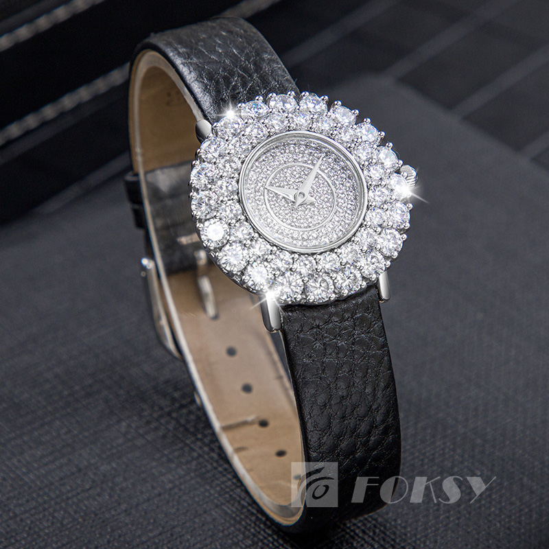 Custom Fashion Brand Lady Wrist Watch Sterling Silver Bling Diamond Bracelet Leather Band Luxury Quartz Watch for Women