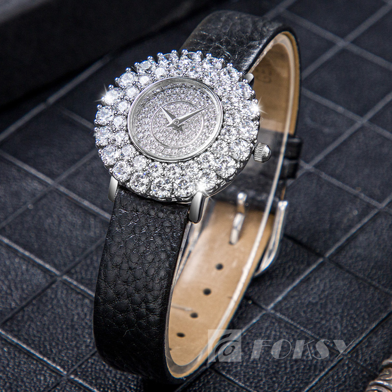 Custom Fashion Brand Lady Wrist Watch Sterling Silver Bling Diamond Bracelet Leather Band Luxury Quartz Watch for Women