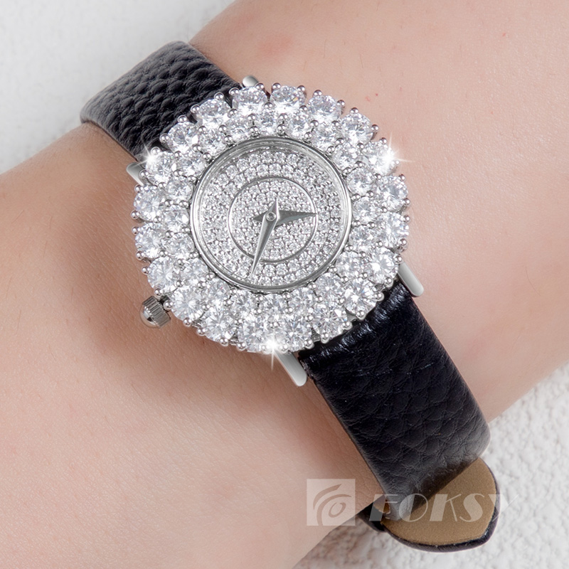 Custom Fashion Brand Lady Wrist Watch Sterling Silver Bling Diamond Bracelet Leather Band Luxury Quartz Watch for Women