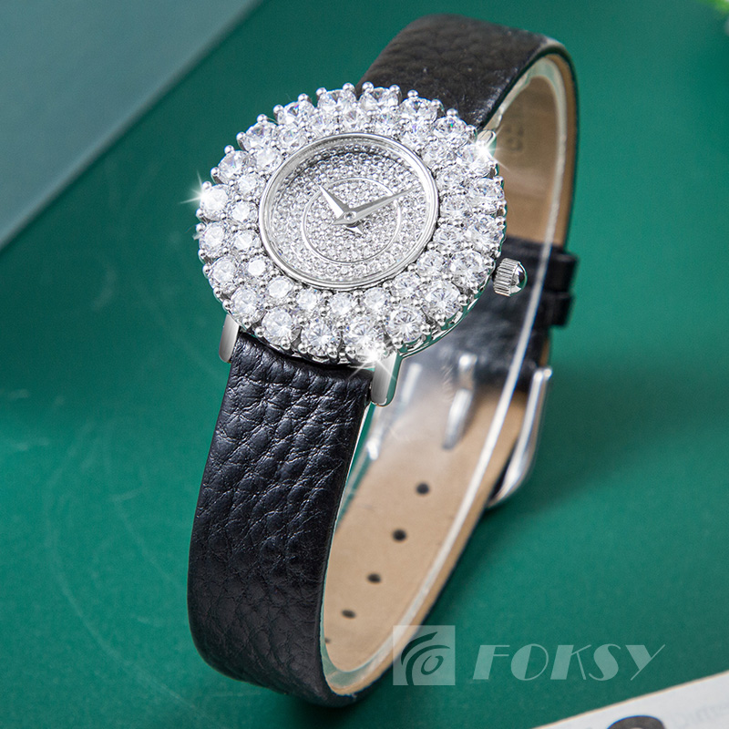 Custom Fashion Brand Lady Wrist Watch Sterling Silver Bling Diamond Bracelet Leather Band Luxury Quartz Watch for Women