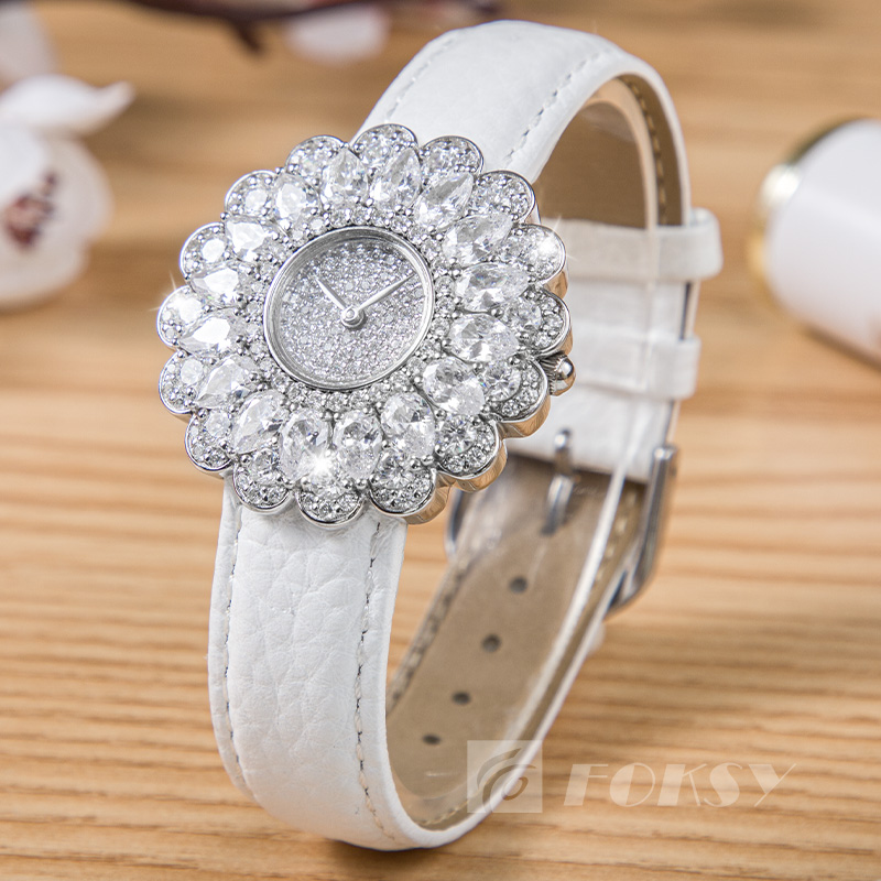 Custom Luxury Round Watch 925 Sterling Silver Diamond Lady Watches