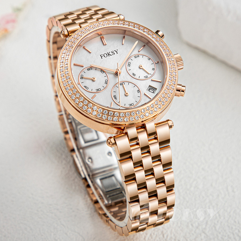 Luxury Diamond Lady Rose Dial Fashion Watches with Stainless Steel Band New Quartz Wristwatches for Women