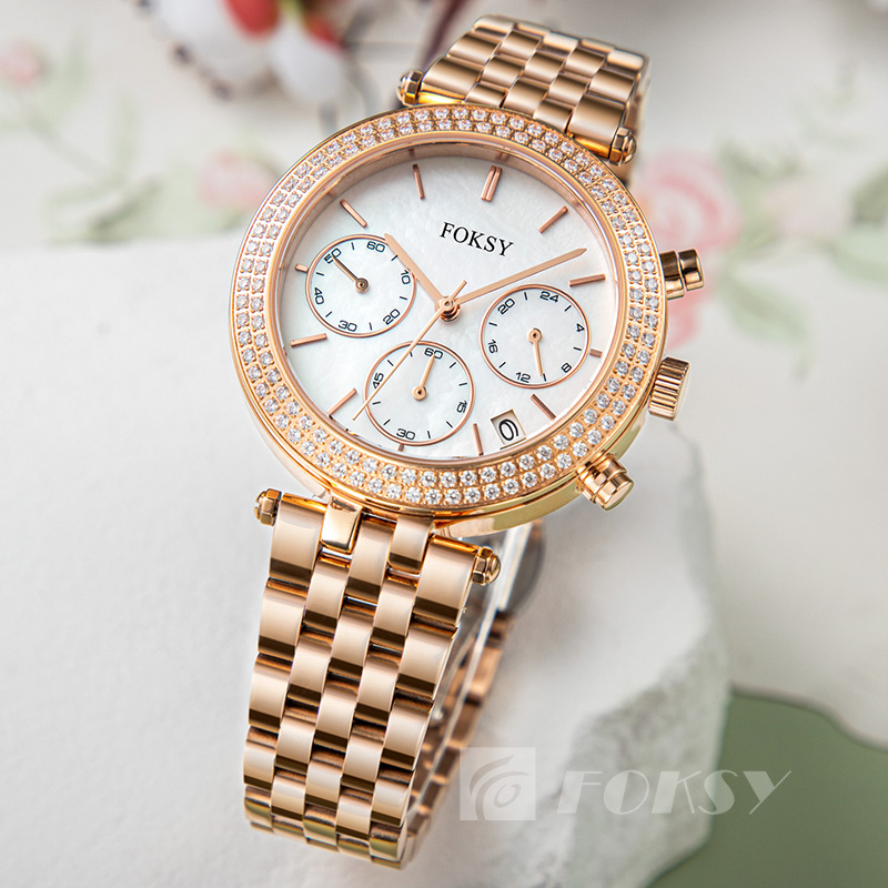 Luxury Diamond Lady Rose Dial Fashion Watches with Stainless Steel Band New Quartz Wristwatches for Women