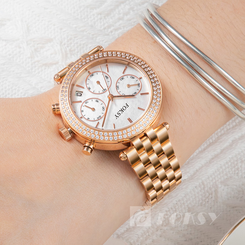 Luxury Diamond Lady Rose Dial Fashion Watches with Stainless Steel Band New Quartz Wristwatches for Women